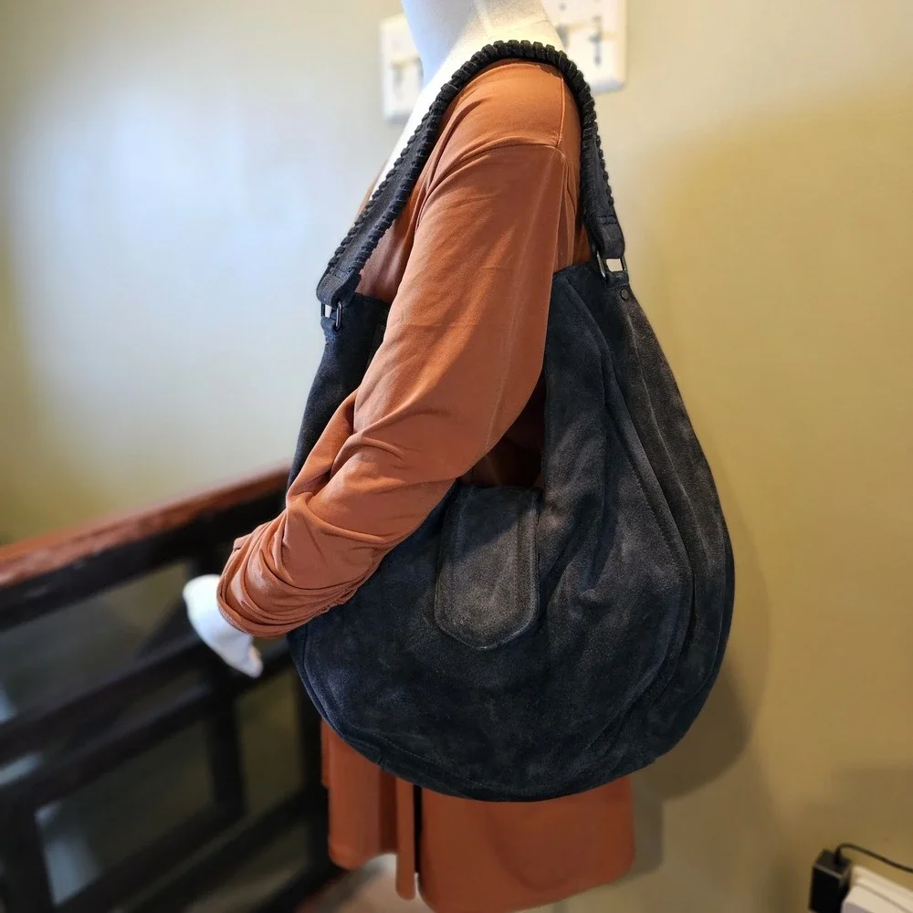 BCBG Generation Suede Large Hobo Bag Fume Gray Magnetic Snap - Picture 3 of 12